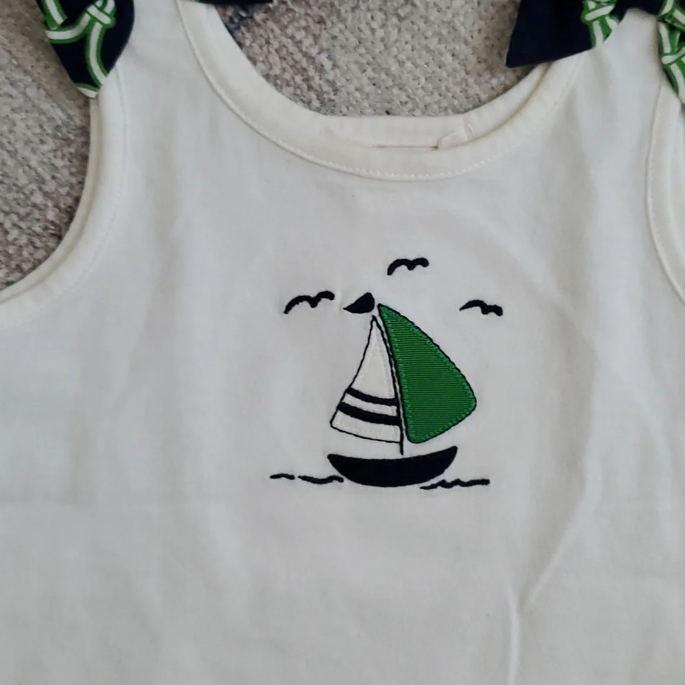 Janie and Jack Baby Girls 2 Piece Sailboat Green Blue Bow Outfit Sz12-18m
